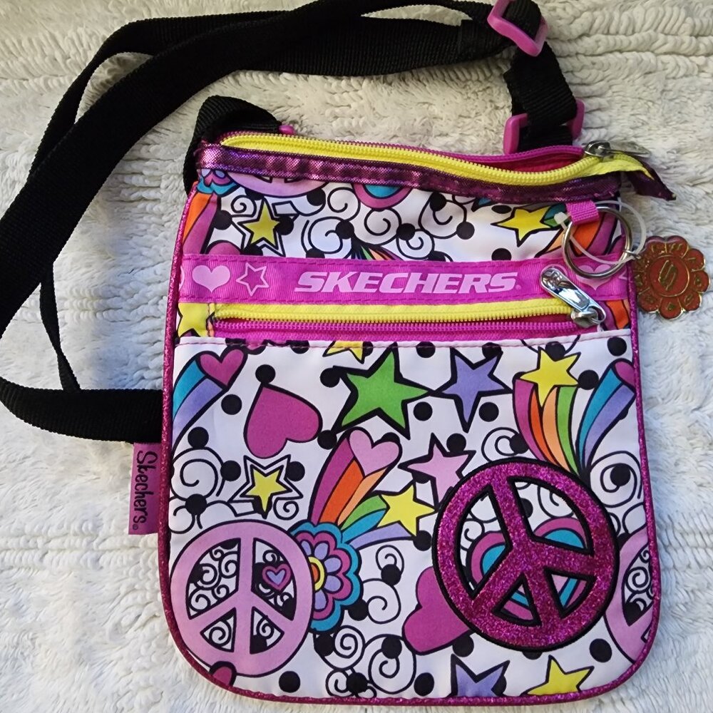 Skechers white/pink multicolor bohemian jovial peace crossbody bag with keyring